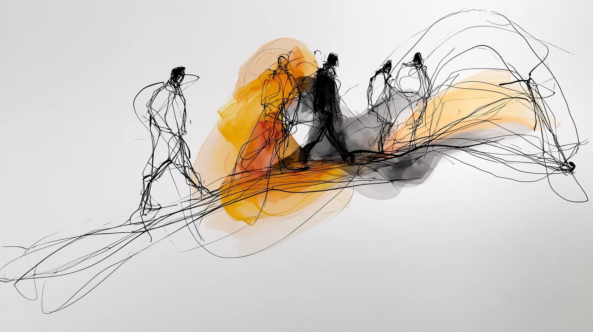 Wide panoramic architectural ink sketch and expressive charcoal line drawing of five diverse figures journeying across a curved topographic horizon line.