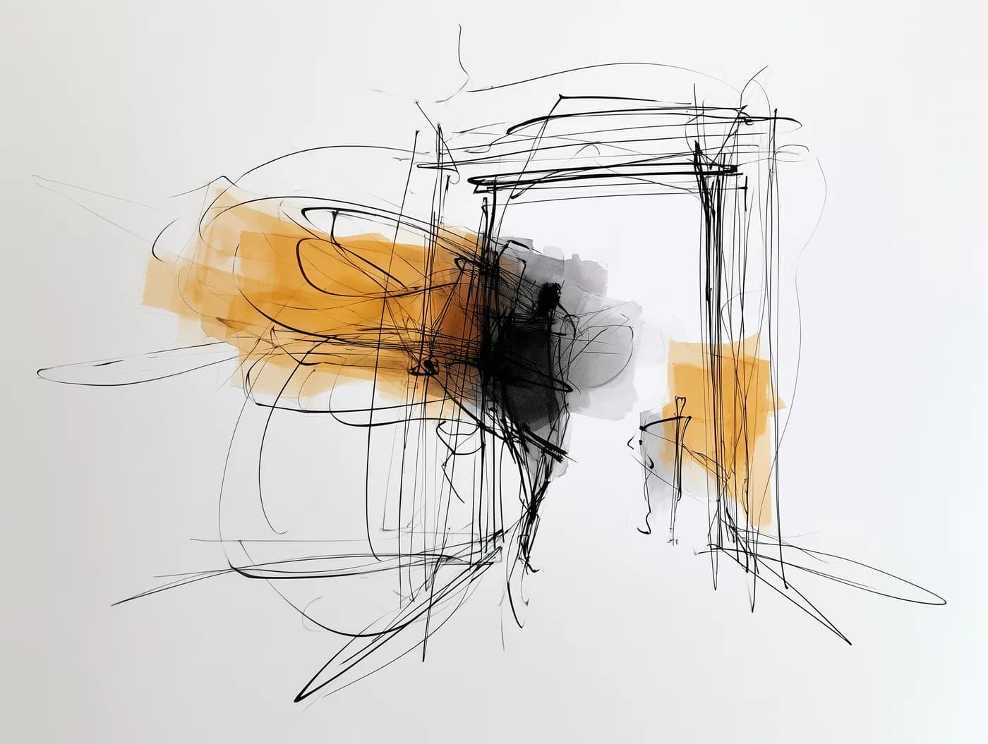 Charcoal sketch of rectangular forms stacked and overlapping — frames nested inside frames, washed in ochre and grey.
